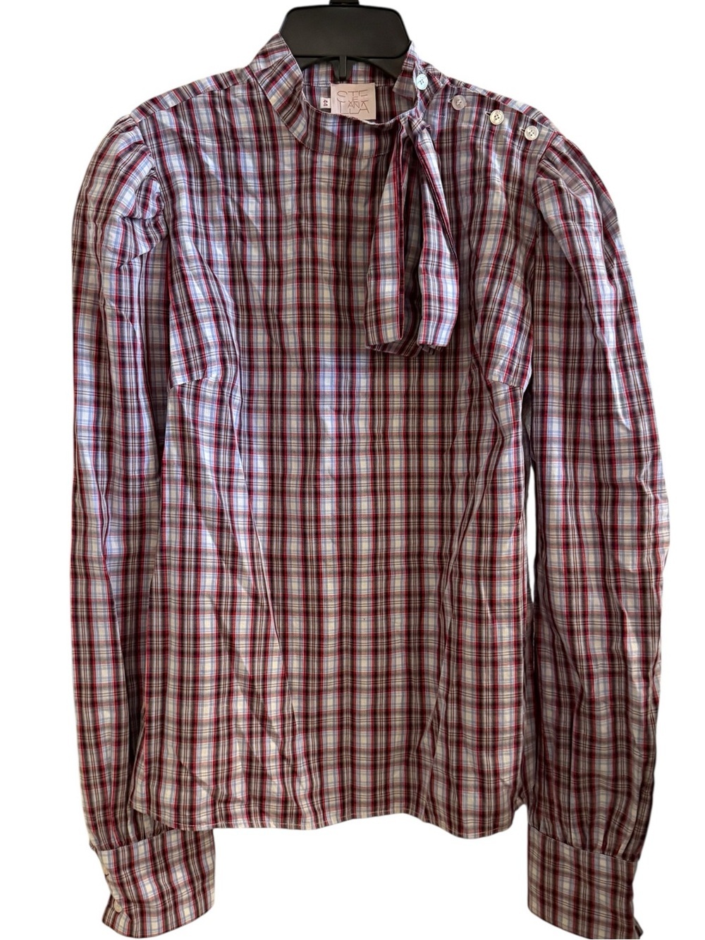 Stella Jean 100% Cotton Red Blue White Plaid Side Bow Long Sleeve Blouse
